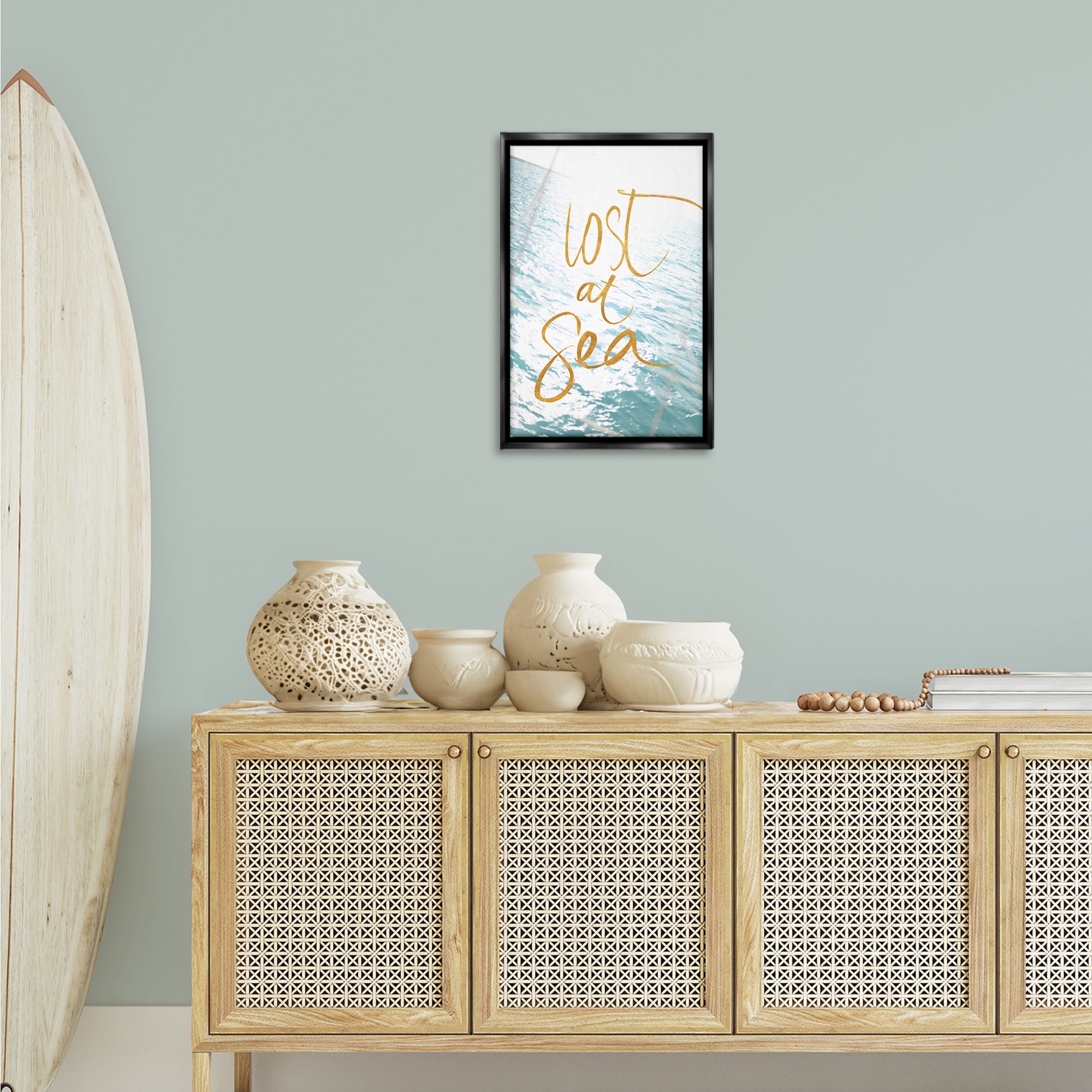 Stupell Industries Lost At Sea Phrase Coastal Painting Black Floater Framed Canvas Art Print Wall Art, 17 x 25