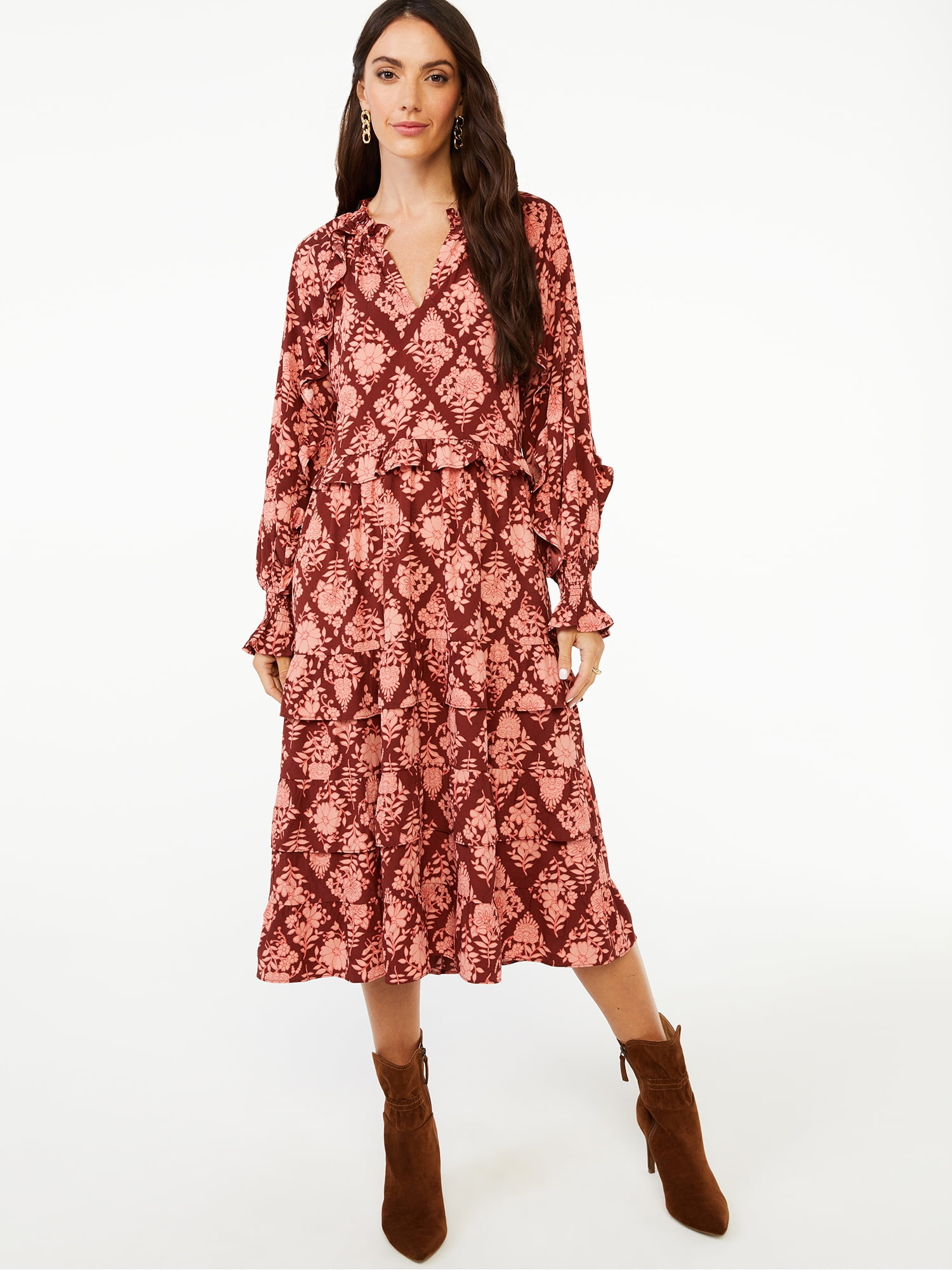 Tiered Midi Dress with Long Sleeves 