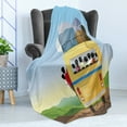 thumbnail image 4 of Cartoon Soft Flannel Fleece Throw Blanket, Yellow Bus Full of Passengers and Luggage Driving in Meadows Warm Spring Day, Cozy Plush for Indoor and Outdoor Use, 50" x 60", Multicolor, by Ambesonne, 4 of 5