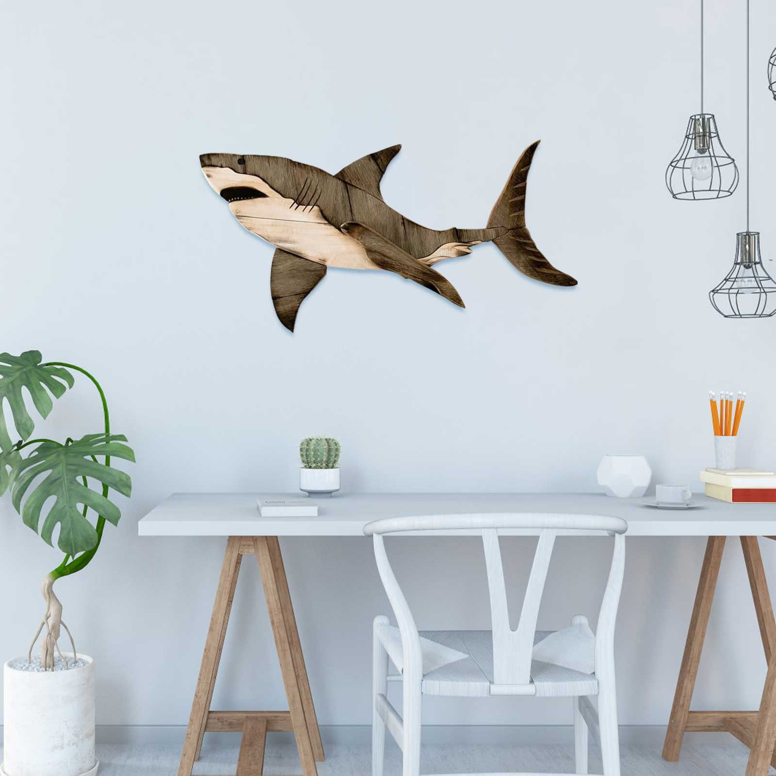 Wooden Marine Animal Wall Hanging, Rustic Nautical Decor for Beach Theme Home, Hand-Carved Whale Shark and Sailfish Sculpture, Coastal Wall Art for Living Room and Nursery (Single Sided)