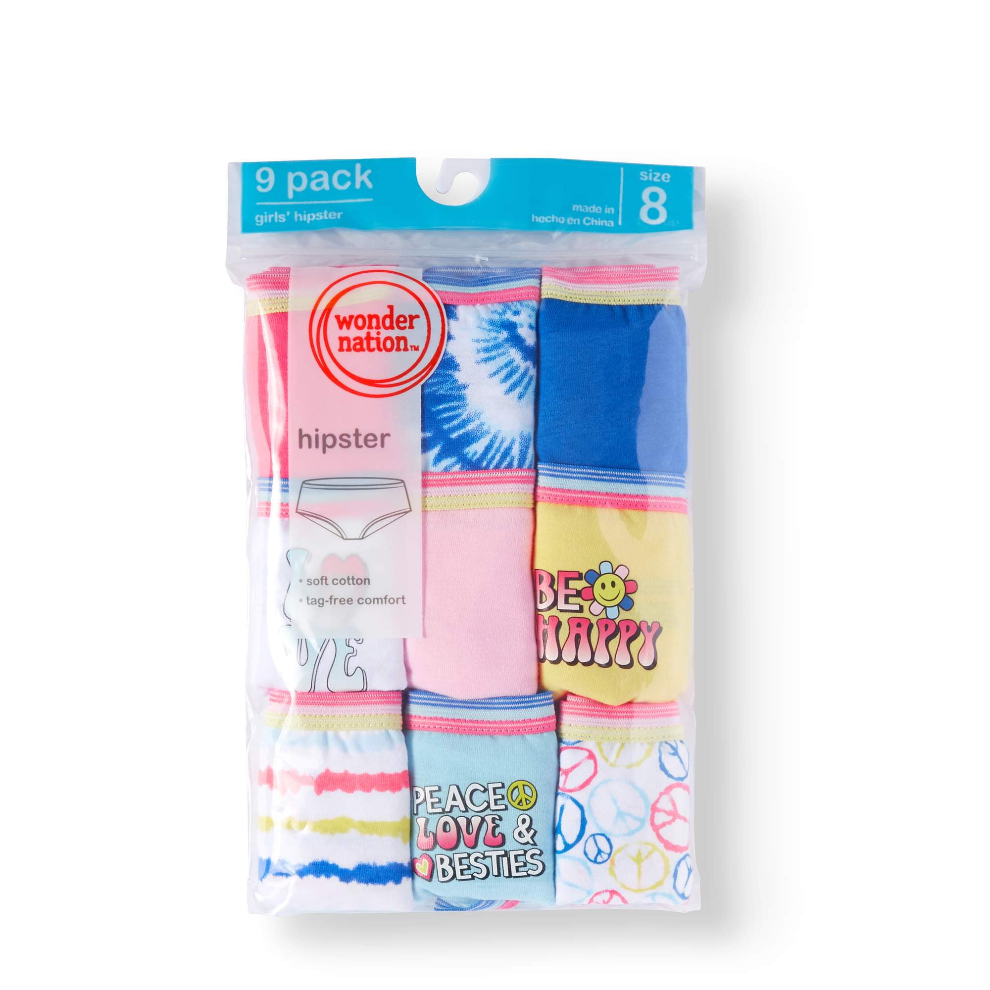 Wonder Nation Girls Underwear, 9 Pack 100% Cotton Hipster Panties (Little Girls & Big Girls)