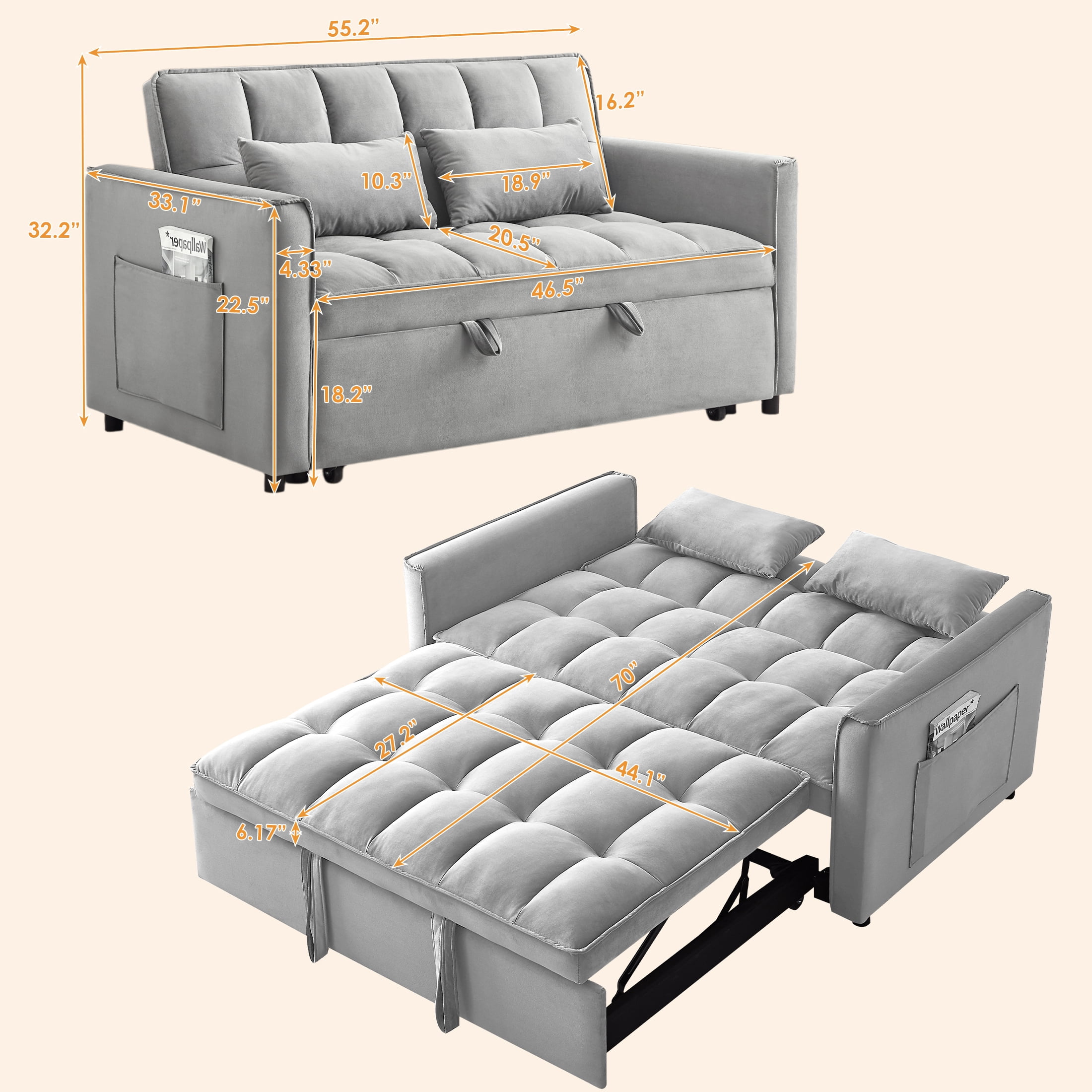 Howcool Convertible Sofa Bed, 3-in-1 Modern Velvet Pull-Out Couch with Side Storage Pocket and Adjustable Backrest, Gray