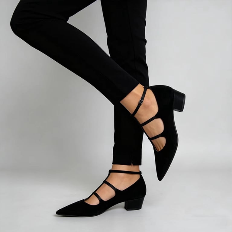 Pointed Toe Heels for Women Suede T-Strap 70s Dress Shoes Vintage Casual Ladies Chunky Heeled Pumps Witch Shoes Black Size 8