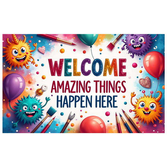 LUUFILx Welcome Amazing Things Happen Here Banner Kids Room Decor Background Backdrop School Party Decorations Art Supplies Fun Play Area Classroom Hanging