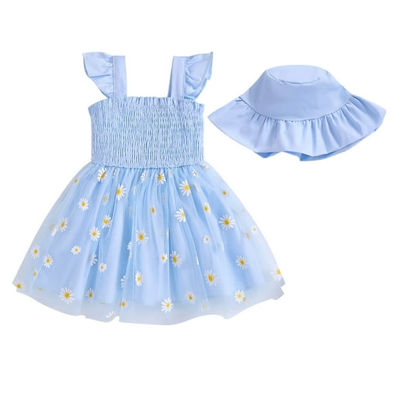 12 Months Baby Girl Dress 18 Months Girls Sleeveless Dress Solid Color Cute Bowknot Toddler Girls Suspender Dress Tulle Dress with Hat Blue