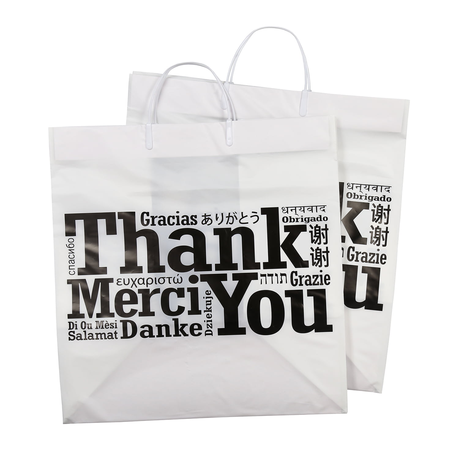 Royal Plastic Shopping Bags with Flat Bottoms, 11.5 x 10.5 x 19,  Multilingual Thank You Print, Case of 250 