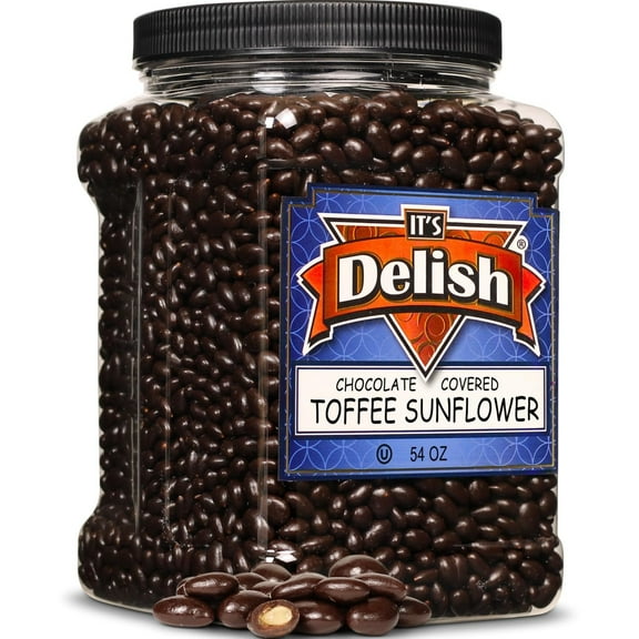 Chocolate Covered Toffee Coated Sunflower by It's Delish, 54 OZ Jumbo Container  Dark Chocolate Candy Nuts Bulk Sunflower
