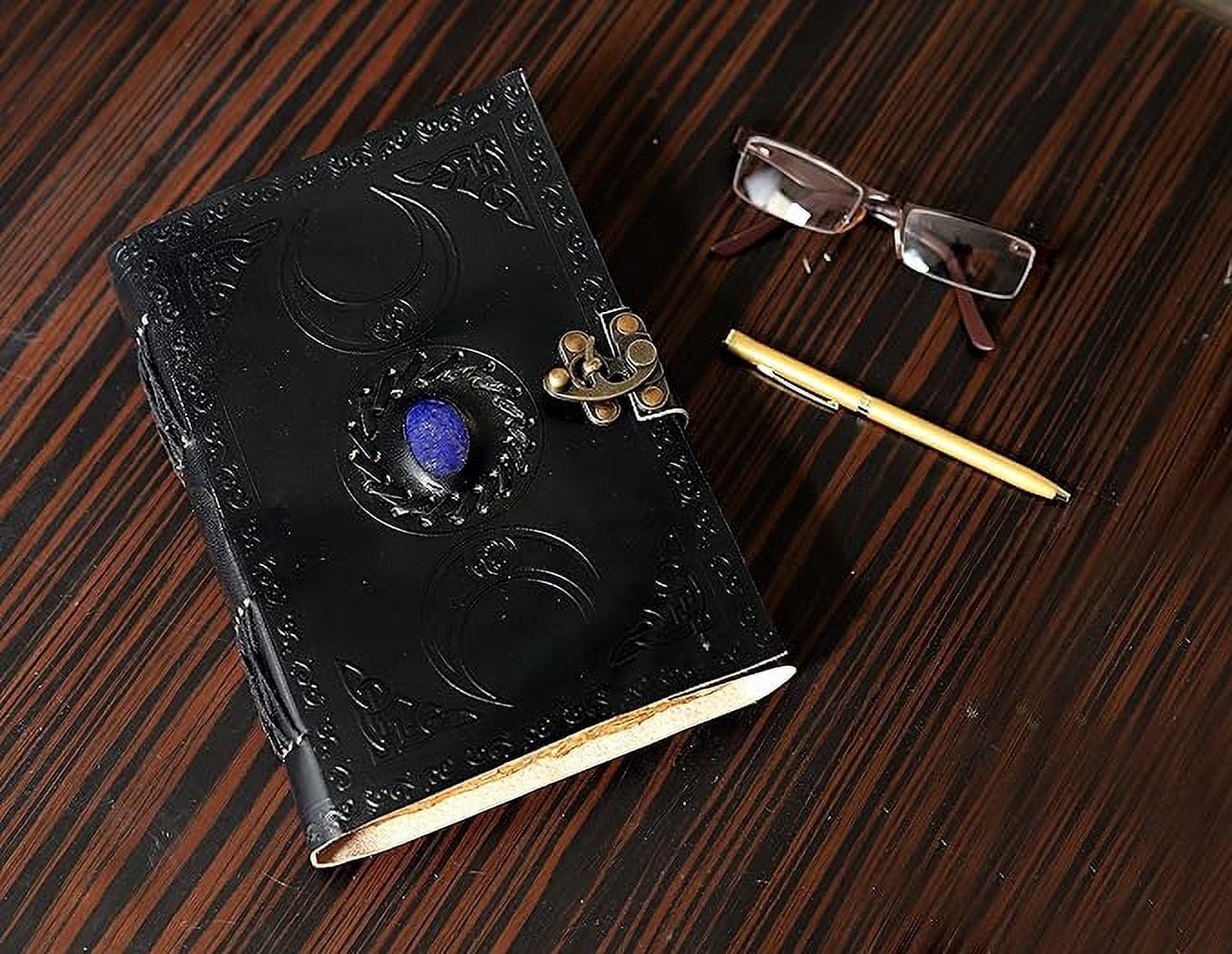 RUZIOON 3 Moon Blue Lapiz Embossed Vintage Leather Journal | 240 Pages of Antique Handmade Deckle Edge Vintage Paper, Leather Sketchbook, Drawing Journal, Great Gift (6 inch by 8 inch, black)