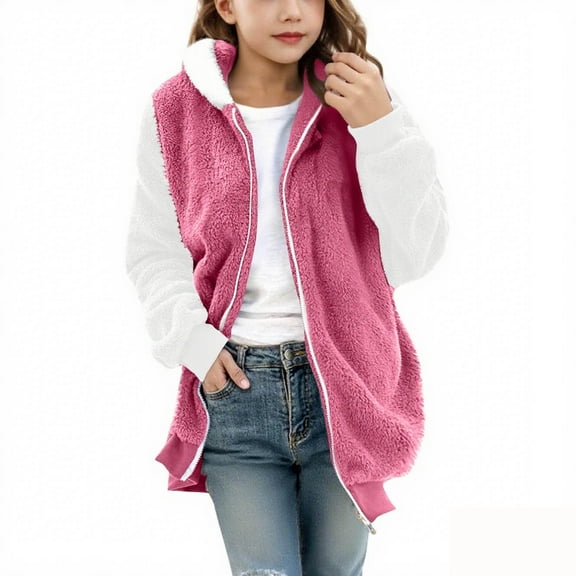 Cethrio Girls Fleece Jacket, Zip up Lightweight Warm Casual Girls Hooded Ourterwear Hot Pink Size 7-8