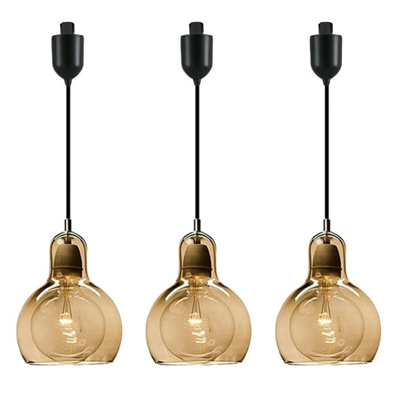 Kiven J-type Track Lighting Light fixture, ModernHalo Track Pendant Light with Built-in Cable Wrapper and Amber Glass Globe, Adjustable Length for Bedroom Kitchen Home Lighting, 3-Light