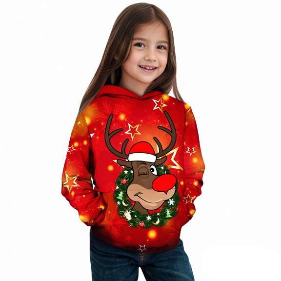 Toddler Girls Long Sleeve Hooded Sweatshirt Christmas Festive Reindeer Print Pullover Hoodie Sweatshirt Size 3-4T , Red
