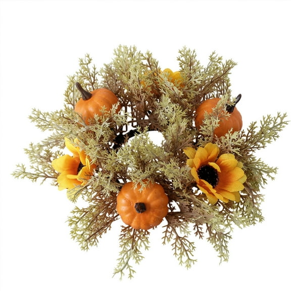 Fall Candle Rings Wreaths 3 Inch Center Small Wreaths with Pumpkins Sunflowers for Pillar Candles Autumn Harvest Festival Tabletop Decor
