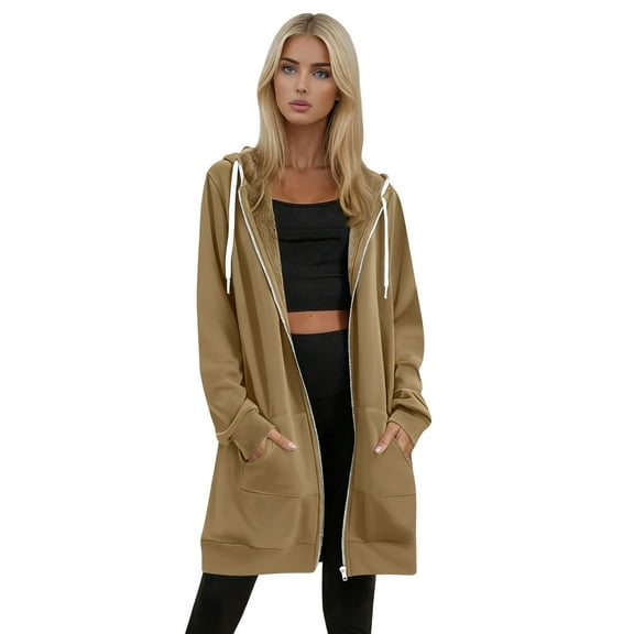 Fshiont Long Zip Up Hoodie Women Fleece Lined Oversized Tunic Sweatshirt Drop Shoulder Knee Length Fall Winter Hooded Jacket Khaki L