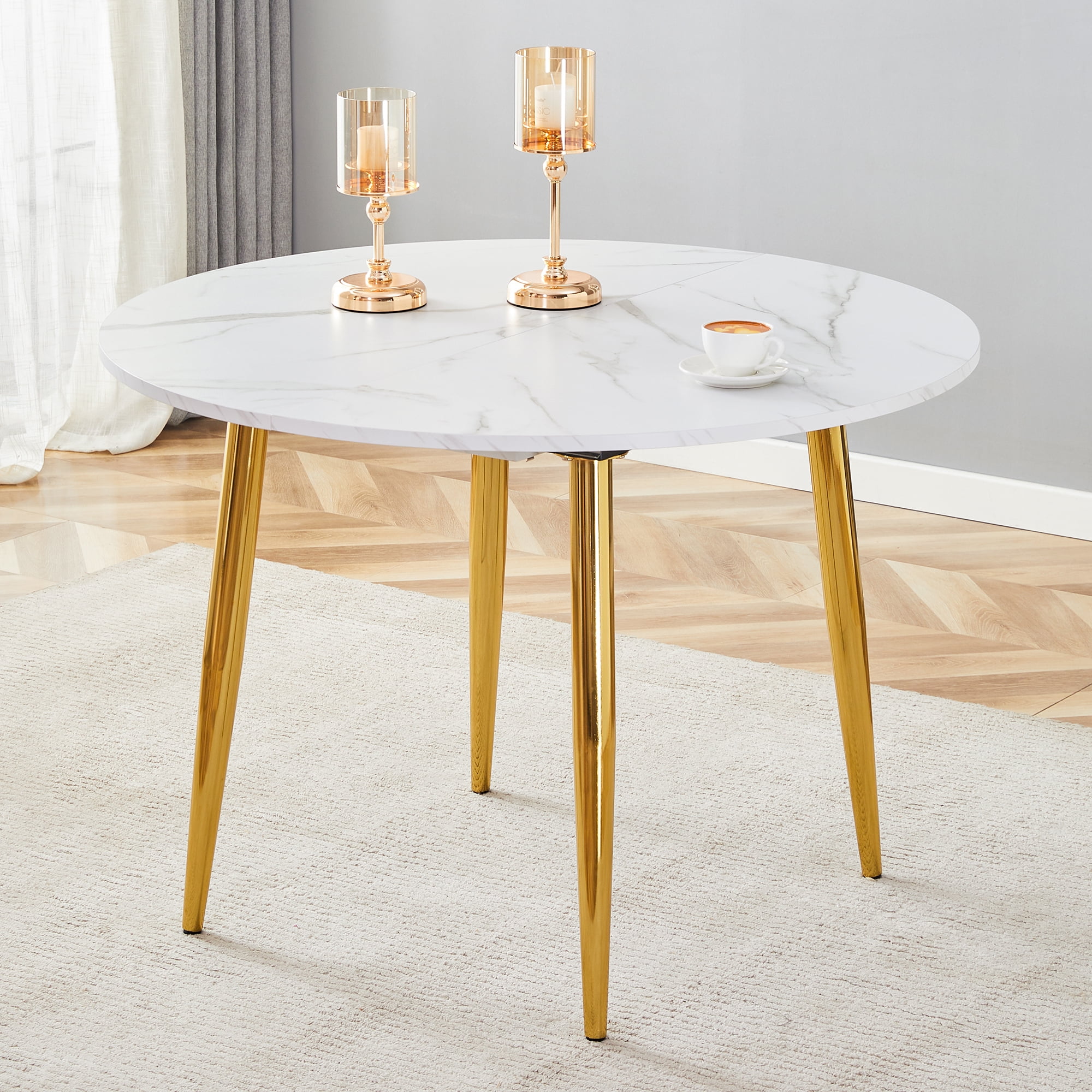 Mintazer Extendable Round to Oval Dining Table with White Marble Vein MDF Top & Gold Metal Legs, Modern Kitchen Table for 4-6 People, White