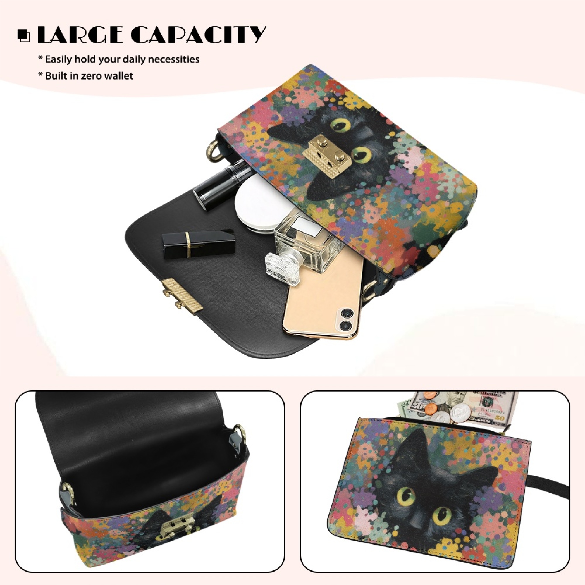 TSOVTHRID Black Cat Doodle Gray Print Crossbody Purse for Women, Small Crossbody Bags, Trendy Leather Cross Body Handbags, Shoulder Bag with Detachable Strap