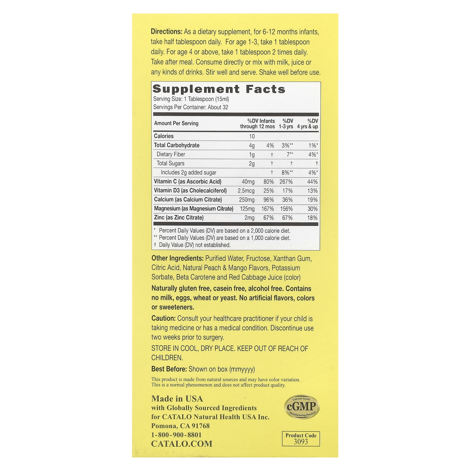 CATALO Children's Liquid Calcium with Magnesium & Zinc, Peach and Mango, 16 fl oz (474 ml)