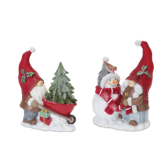 Melrose Set of 2 Gnome with Snowman and Wheelbarrow Christmas Tabletop Figurines 8"
