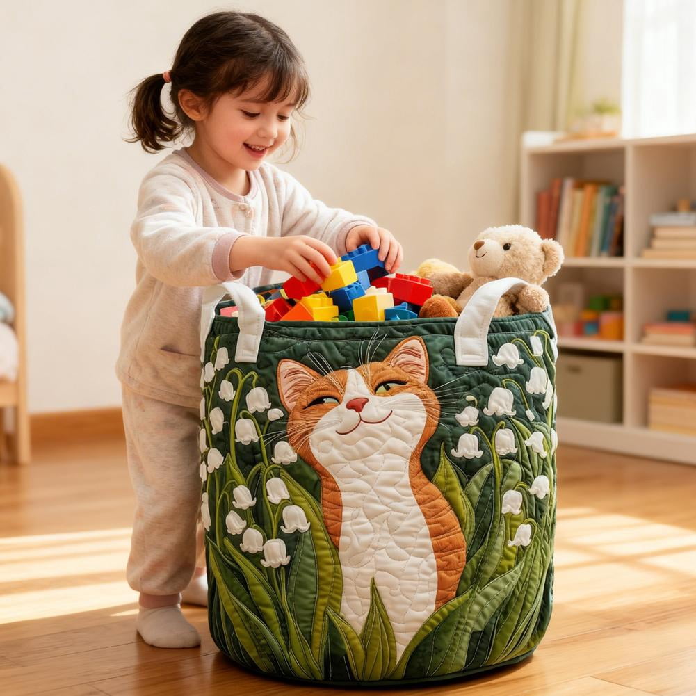 Quilted Laundry Basket with Handles, Boho Floral Fabric Storage Hamper, Large Soft Quilted Laundry Basket for Nursery, Bedroom, Laundry Room,Clothes & Toys (Cat Pattern A, S)