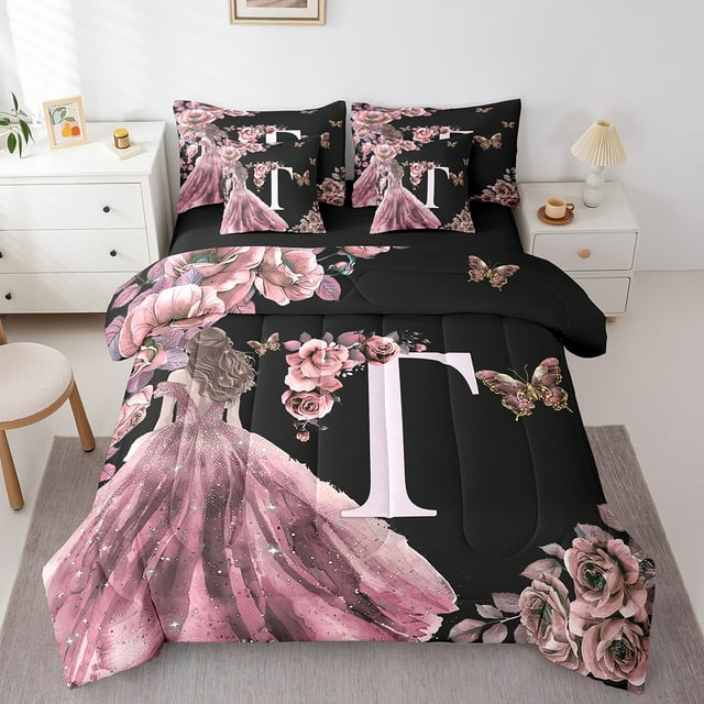 Erosebridal Ensemble de Lit Romantique Monogrammé T Format Simple, Literie de Princesse de Rêve Format Simple, Ensemble de Lit Réversible Rose Rose, Décoration de Chambre Respirante, 7 Pcs