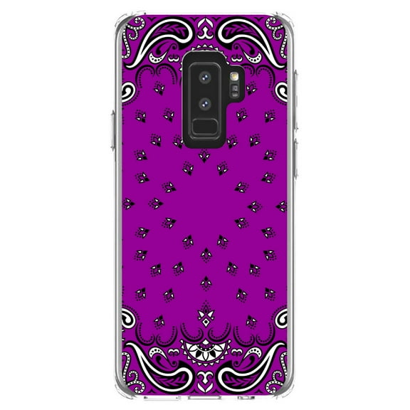 DistinctInk Clear Shockproof Hybrid Case for Samsung Galaxy S9  PLUS (6.2" Screen) - TPU Bumper, Acrylic Back, Tempered Glass Screen Protector - Bandana Print - Purple, Black, White