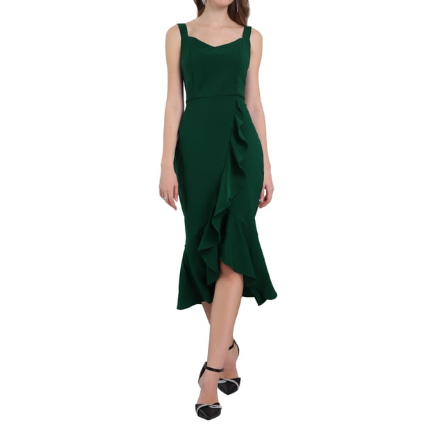 Vestido midi de cola de pez sin mangas con escote corazón elegante y con volantes para mujer Inspire Chic 2XL verde