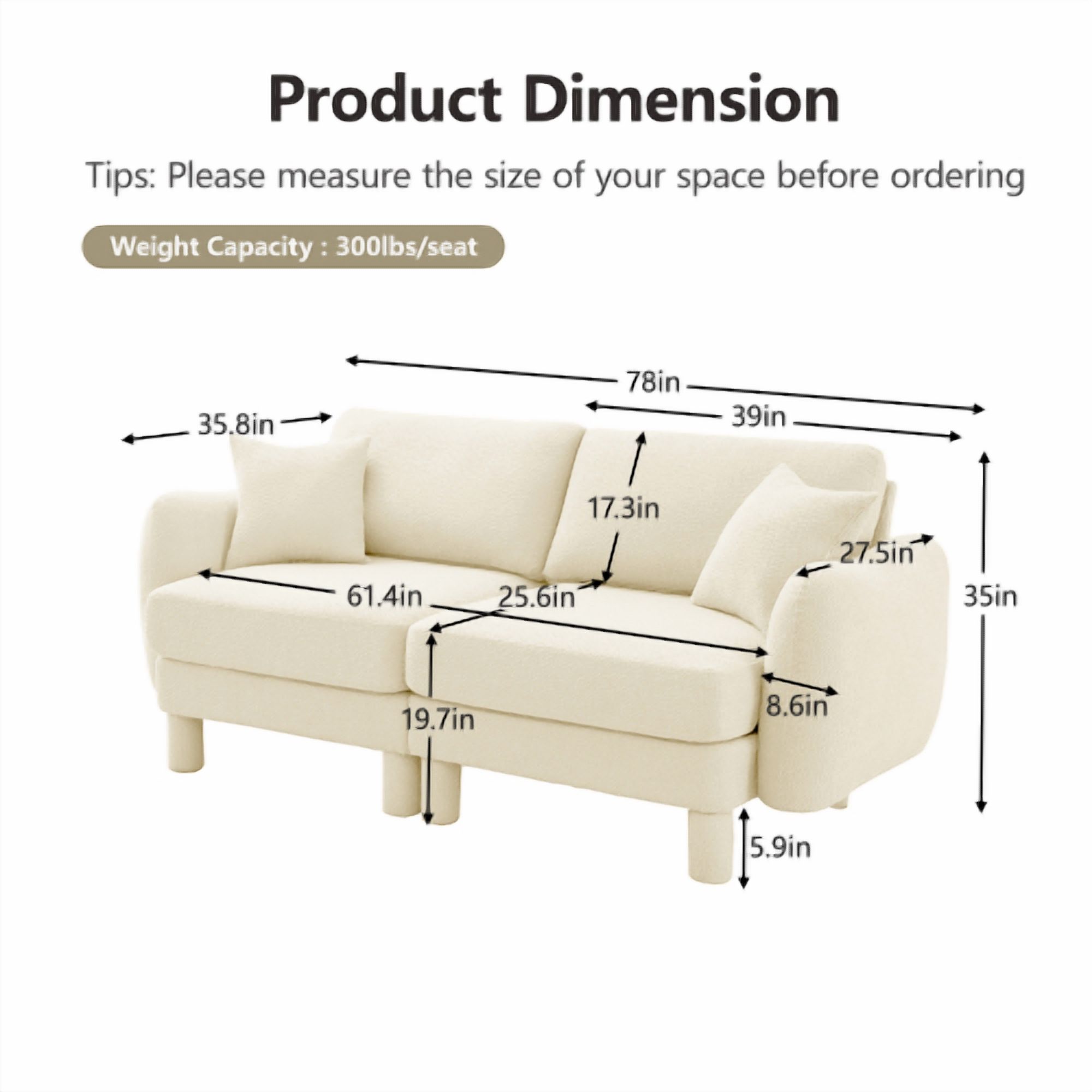 BSHTI Fabric Double Sofa Couch, Safe Comfortable Shell Shaped Armrests and Cylindrical Legs Loveseat for Livingroom,Beige Color