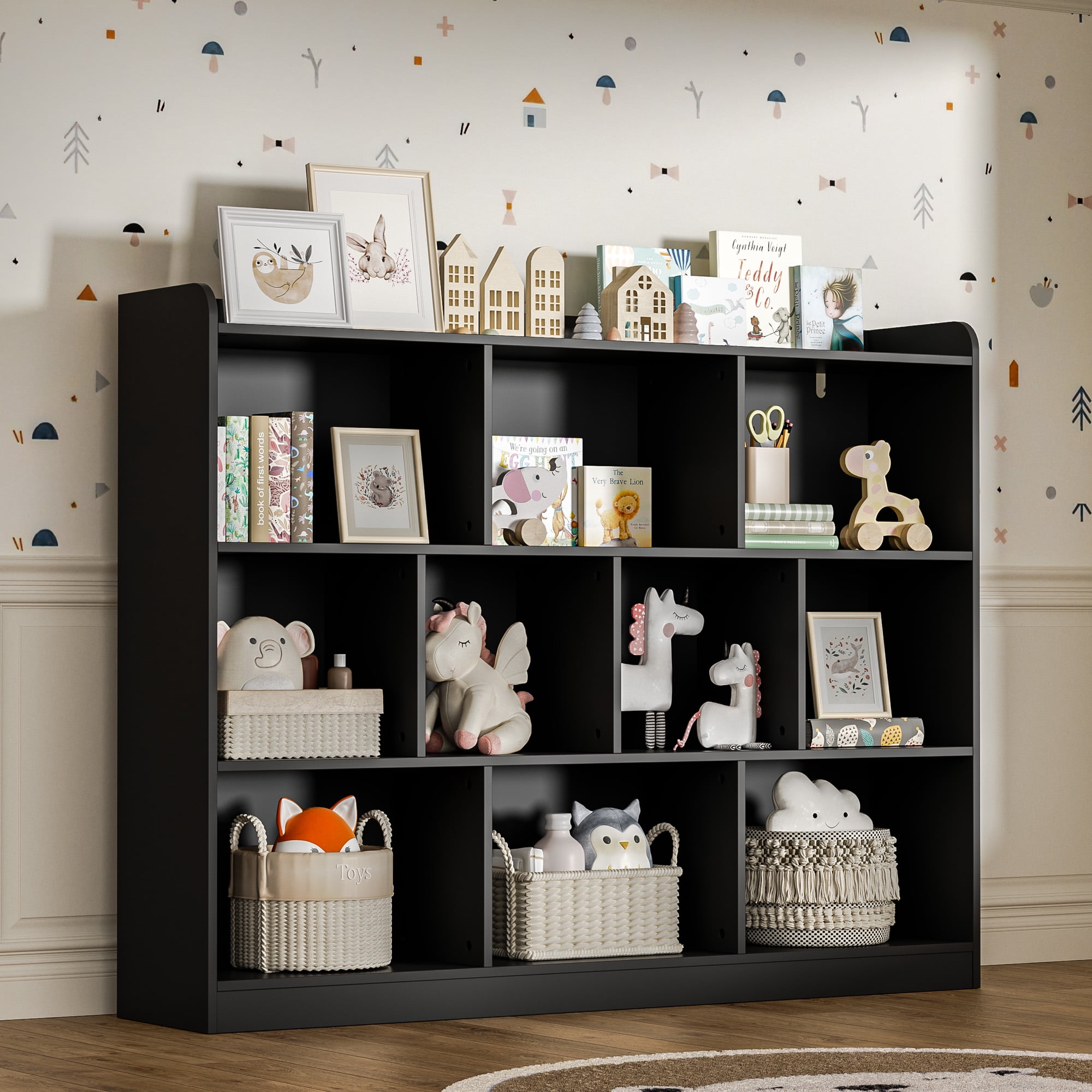 DIYART Black Wood Bookcase with 3 Tier Open Shelves, 10-Cube Storage Shelf, 55.1" W x 42.5" H