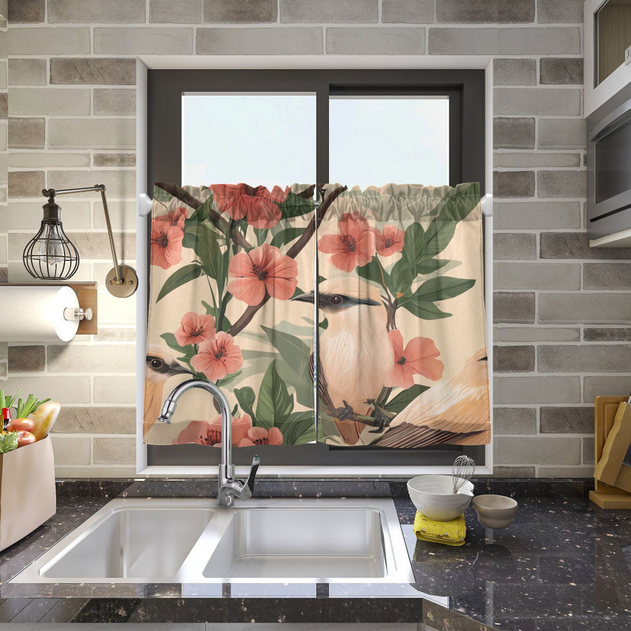 Charming Birds and Flowers 27"x36" Linen Look Cafe Curtain Set with Privacy and UV Protection