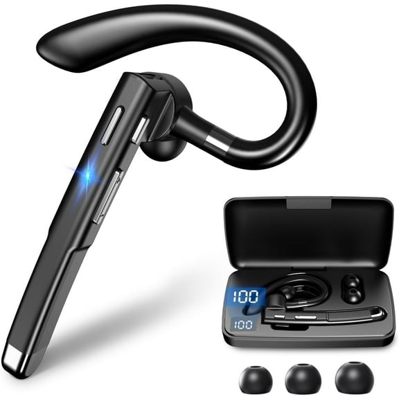 Bluetooth Headset, Wireless Earpiece with 500mAh Charging Case, 100Hrs Talking Time Built-in Dual Microphone 270° Rotatable Hand-Free Noise Canceling Headphones for Office/Trucker/Business