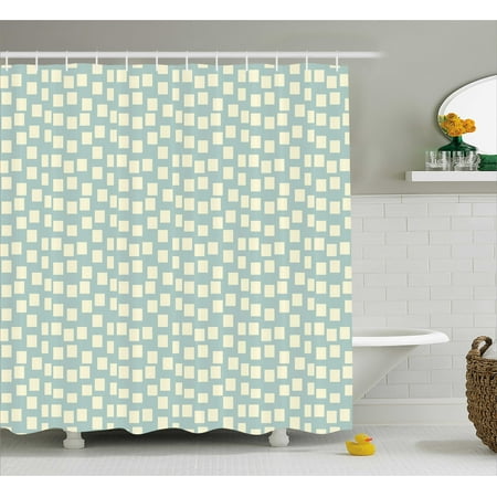 Modern Shower Curtain, Big and Small Asymmetrical Squares Pattern Modern Geometric Tile Design Print, Fabric Bathroom Set with Hooks, 69W X 70L Inches, Light Blue Cream, by