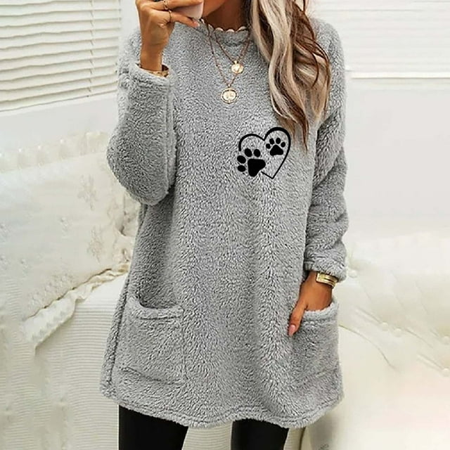 Qertyioot Hauts Grande Taille pour Femmes, Blouse à Manches Longues Chaude pour Femmes à Col Rond et d'Hiver, Ample, Imprimée, avec Poche