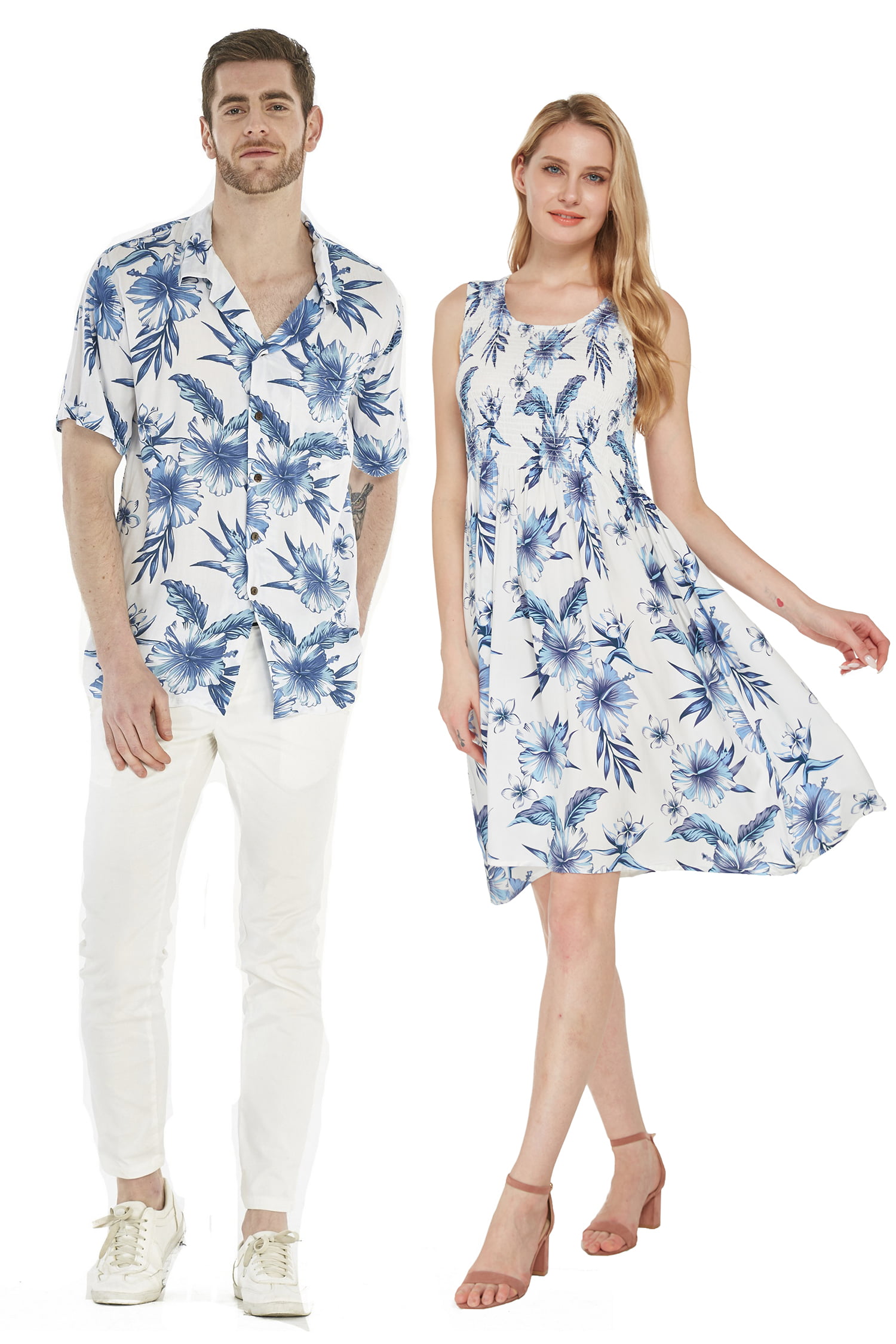 Couple Matching Hawaiian Luau Aloha Shirt Tank Dress In Day Dream Bloom