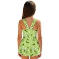 thumbnail image 2 of COEQINE Cute Swim Dress for Girls, One Piece Swimsuit with Flowy Skirt & Built-in Liner, Scoop Neck & Fixed Straps in V-Back Swimwear for Beach Pool, Ages 6-7, Pickle Jar Print Green, 2 of 8