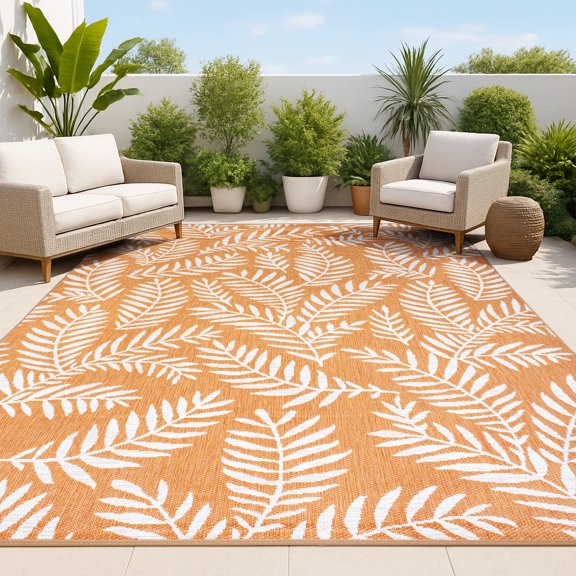 JONATHAN Y SANTA MONICA 3 x 5 Area Rug, Nevis Palm Frond - Orange/Cream, SMB119E-3