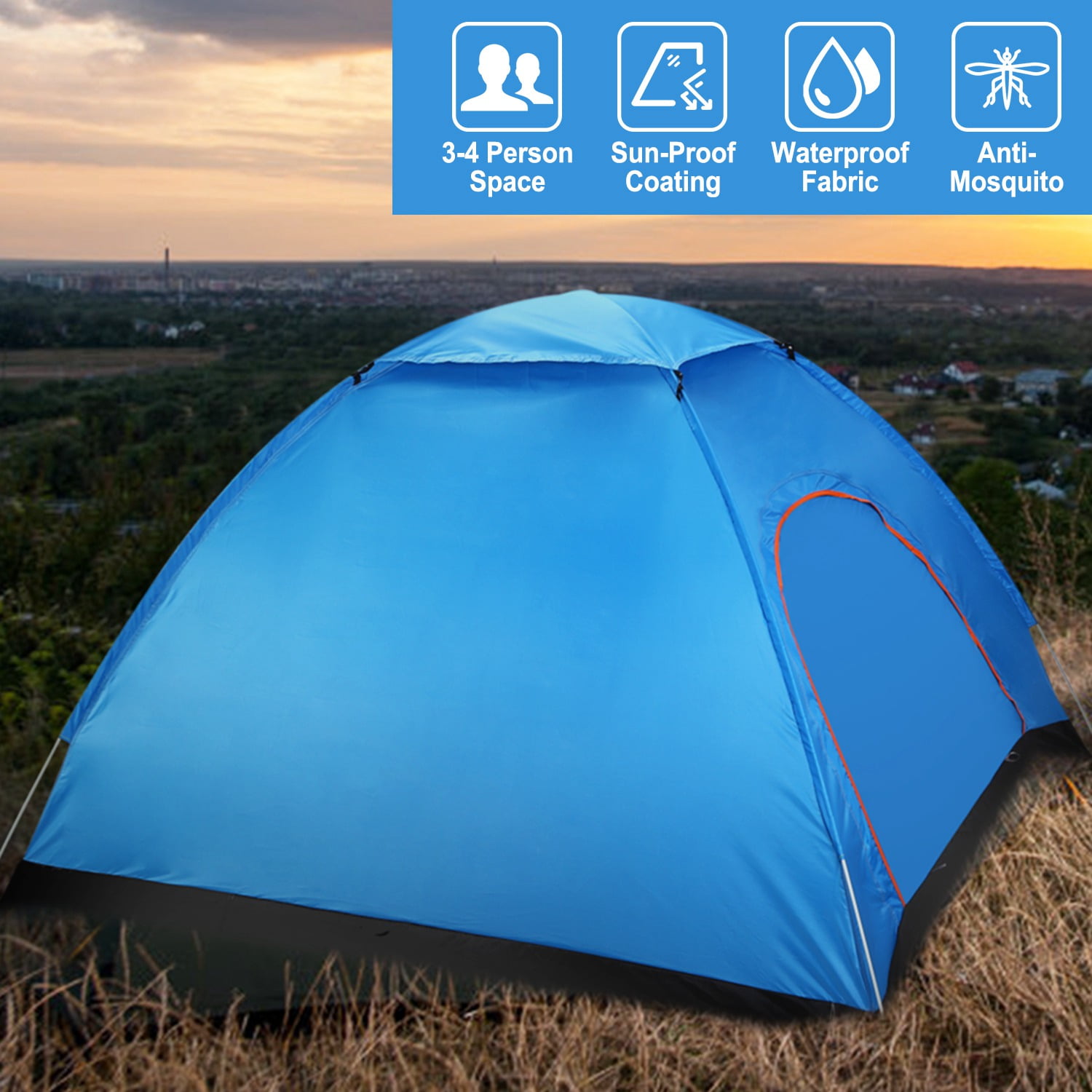 TeqHome 6.56' x 6.56' x 4.26' Large Waterproof Instant Pop Up Tent Canopy for Outdoor Camping Family Hiking Fishing 4 Persons Tent Blue