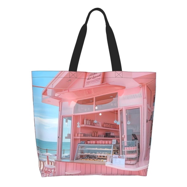 Balery Pastel Pink Beach Cafe Bolsa Tote Estilo Estético con Cremalleras, Bolsa de Hombro, Bolsa de Compras Grande y Plegable