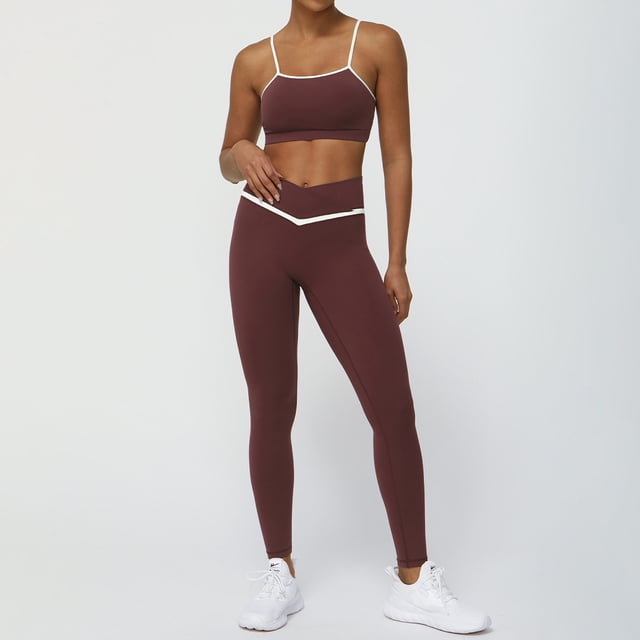 PISONIC Women 2 Piece Workout Sets Color Block Sports Bras Crossover Leggings Set Workout Tracksuit Yoga Outfits