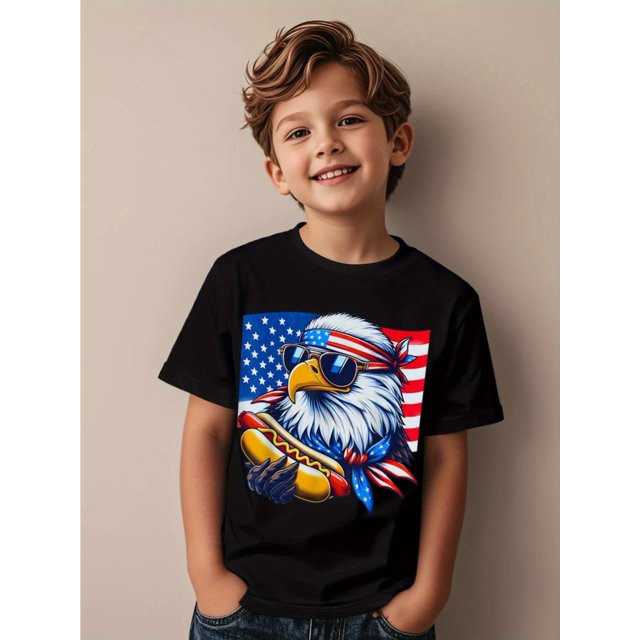 Funny Bald Eagle Hotdog American Flag 4th Of July Patriotic Funny Aesthetic Graphic Kid TShirt Casual Kid T Shirts Trendy Cool Tees Tops for Kid
