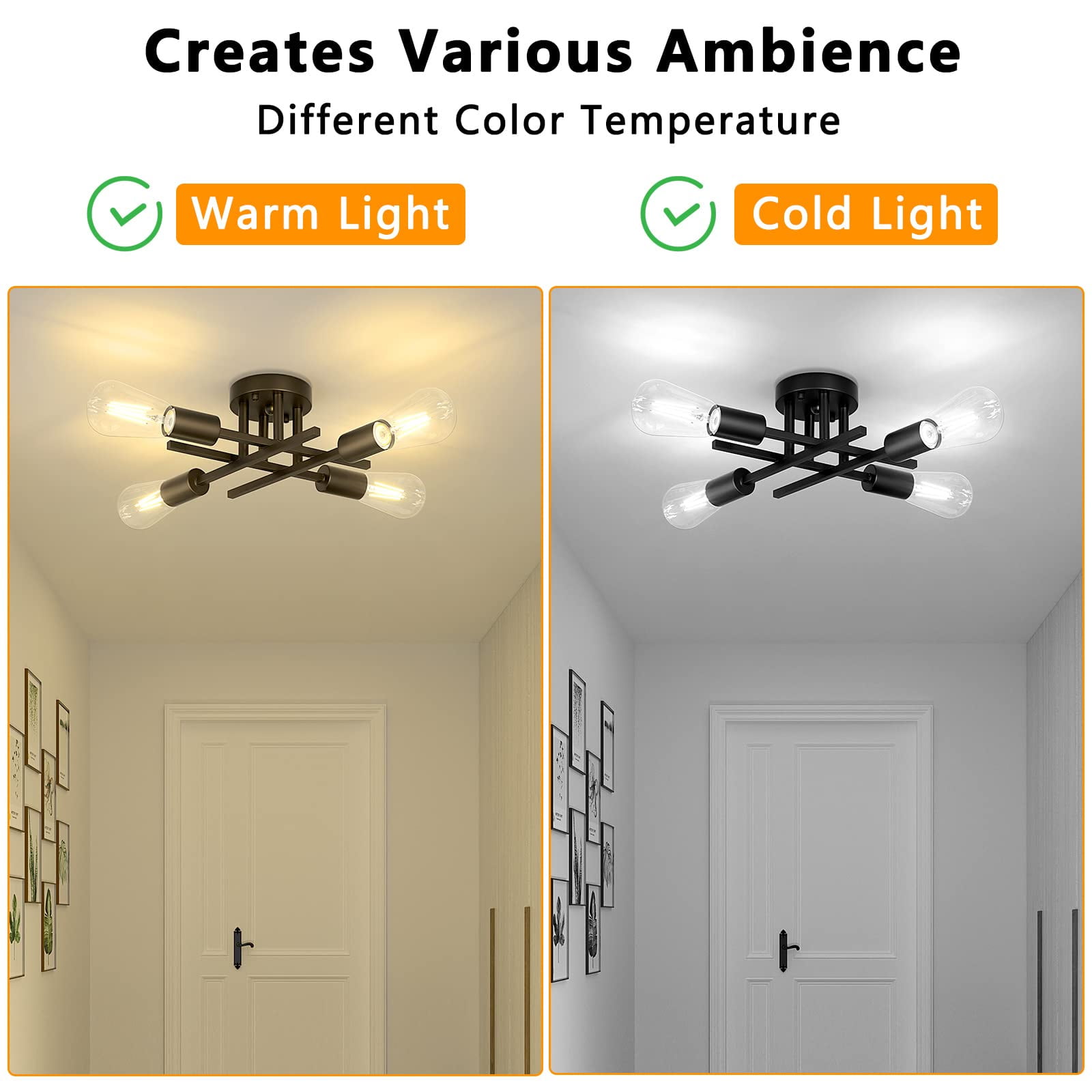 DONGPAI Flush Mount Ceiling Light 4 Light Matte Black with E27 Base Modern Chandelier for Farmhouse Kitchen Dining Room Bedroom (With Bulbs)