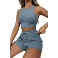 thumbnail image 2 of Women Summer Lounge Sets Casual Waffle Knit Crop Top Shorts Outfits 2 Piece Sets Sleepwear Light Blue XL, 2 of 9