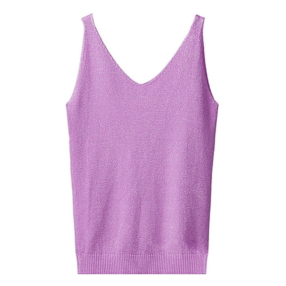 WULMLEO Women's Sleeveless Bright Silk Tank Top Sexy V-Neck Knitted Camisole Thin Glitter Bling Club Spaghetti Shirts Light Purple One Size