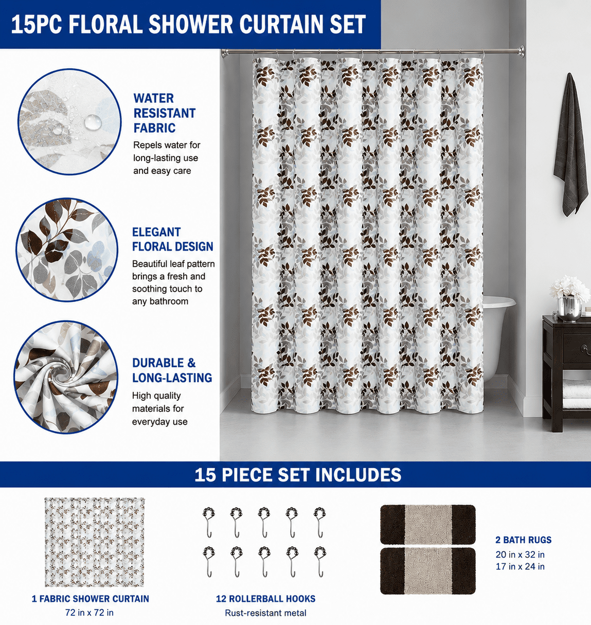 Mainstays Botanical Vines 15-Piece Shower Curtain Bath Set, Brown