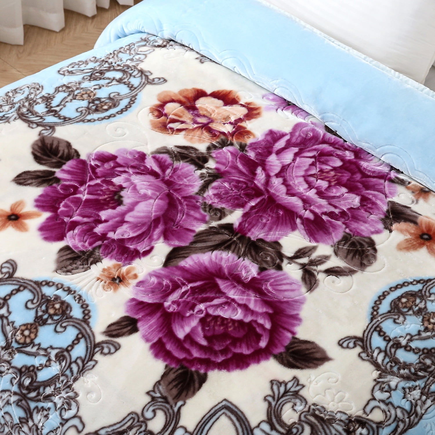 MERRY HOME Full/Queen Size Fleece Blanket For Bed, A & B Patterns Soft Warm Floral Blanket, Microfiber Plush Bed Blanket For All Season, Light Blue Background Pink Peony/ Peony, 5LB, 75"x87"
