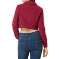 thumbnail image 4 of MODA NOVA Juniors Classic Long Sleeves Single Breasted Cropped Denim Jacket Burgundy S, 4 of 7