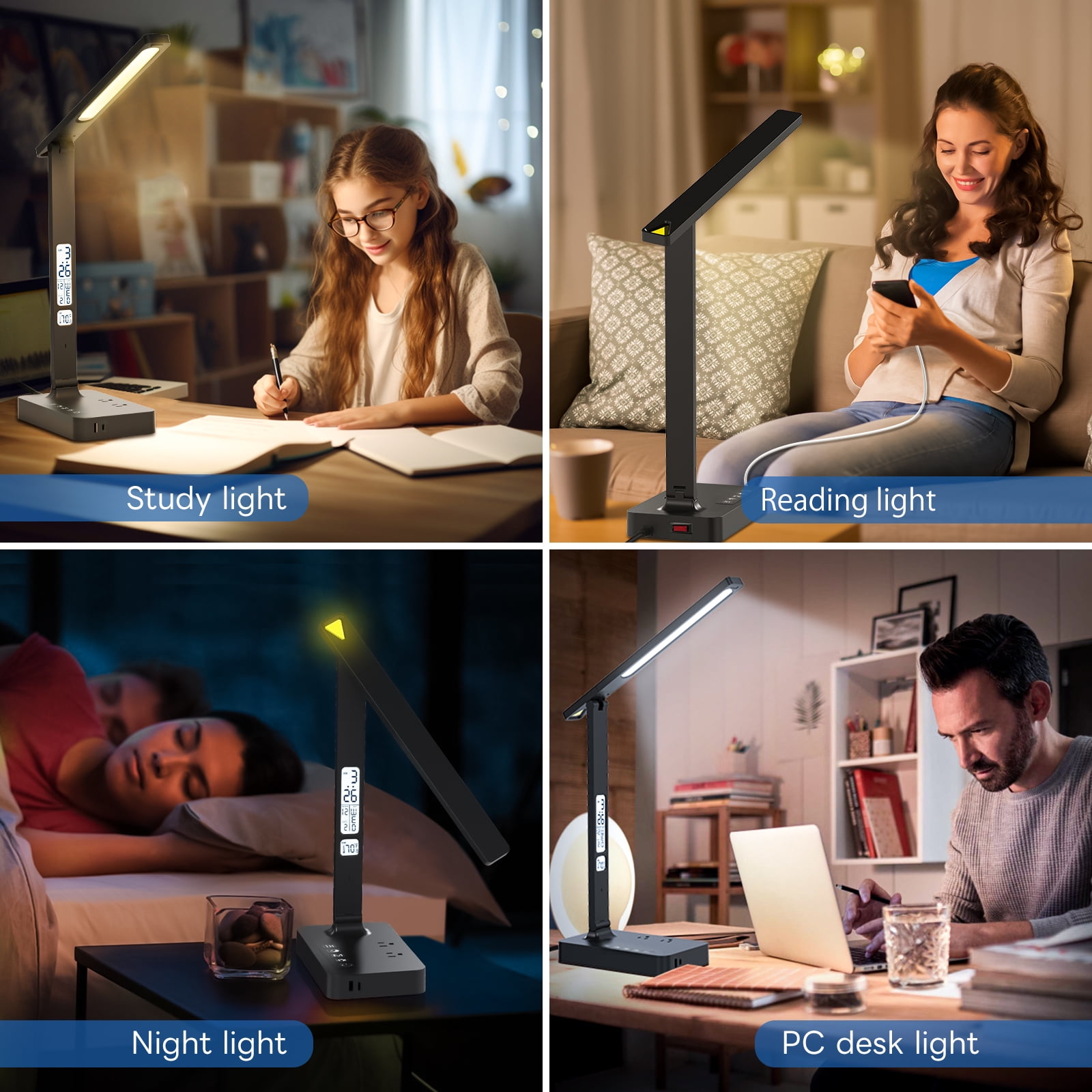 Lococo Desk Lamp with USB Charging Port: LED Eye-Caring Smart Table Light for Home Office - 1 Type-C, 1 USB-A Charging Port, 2 AC Power Outlets