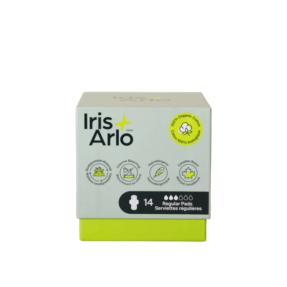 Iris + Arlo Organic Pads with Wings, Regular, 100% Cotton, Chemical-Free, Non-toxic, No plastic (14 Count)