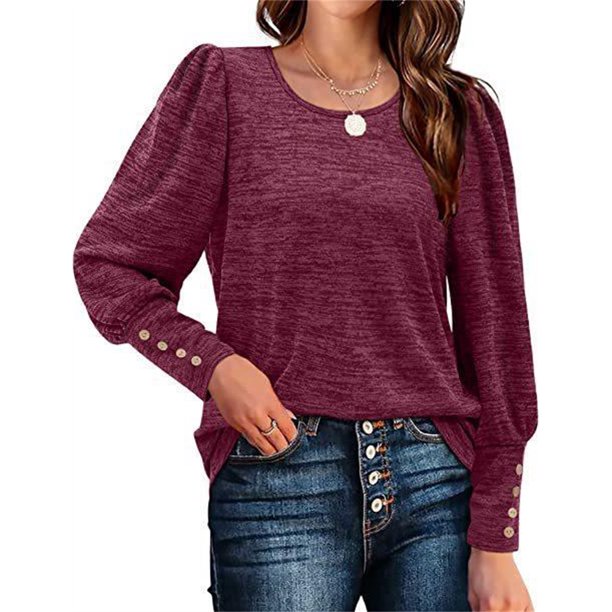 Camiseta básica suave de manga larga con botones para mujer, camiseta lisa informal con cuello redondo, Tops sencillos holgados para mujer, ropa de calle 2022