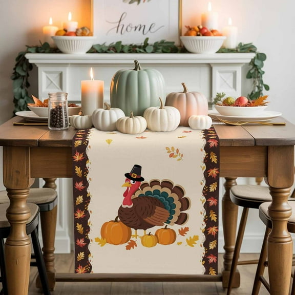Autumn Turkey Table Runner, Autumn Thanksgiving Kitchen Dining Table Decoration for Home Party Decor 13x90 Inches