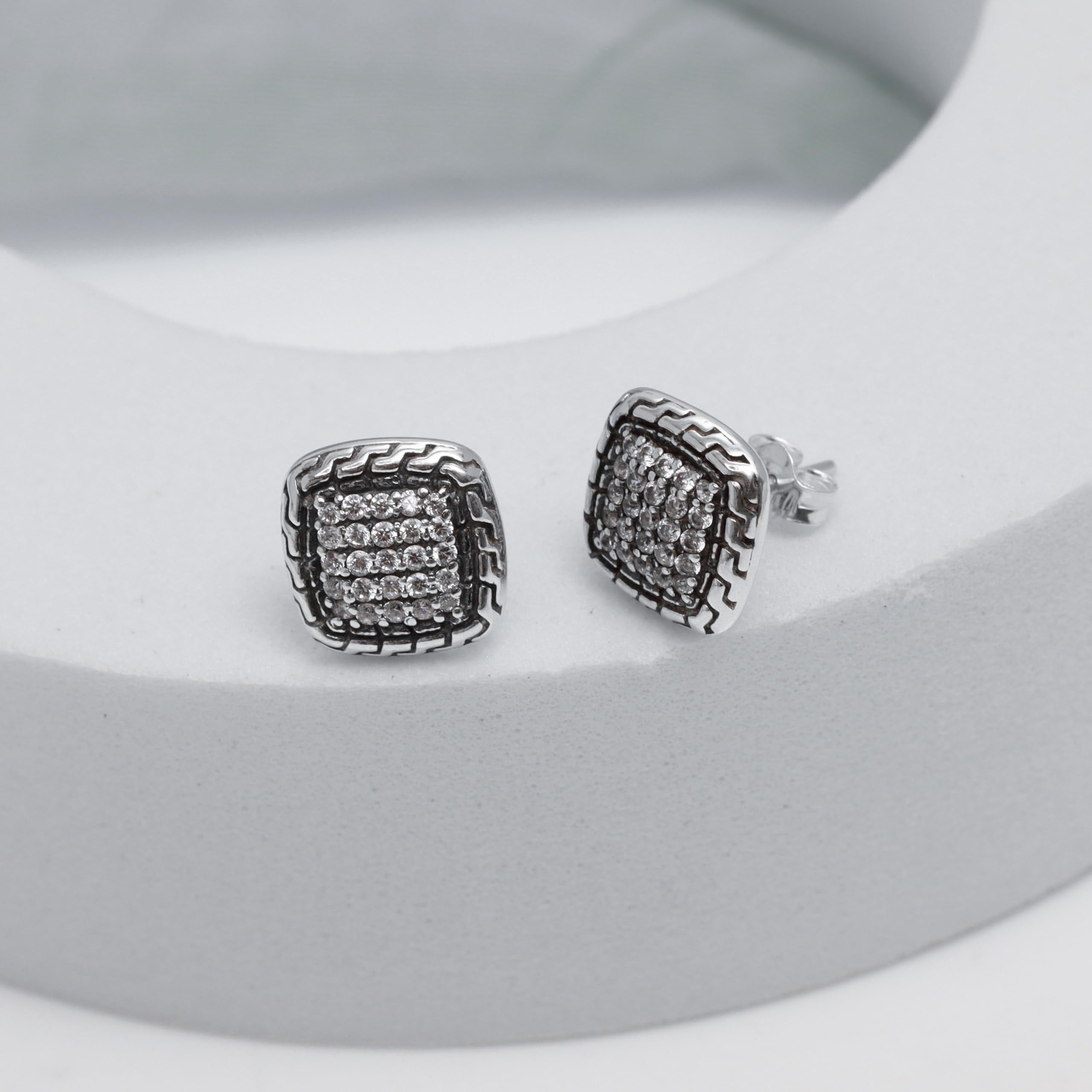 LeCalla 925 Sterling Silver CZ Classic Square Antique SMALL Stud Earrings Jewelry Gifts for Women and Teen 11MM