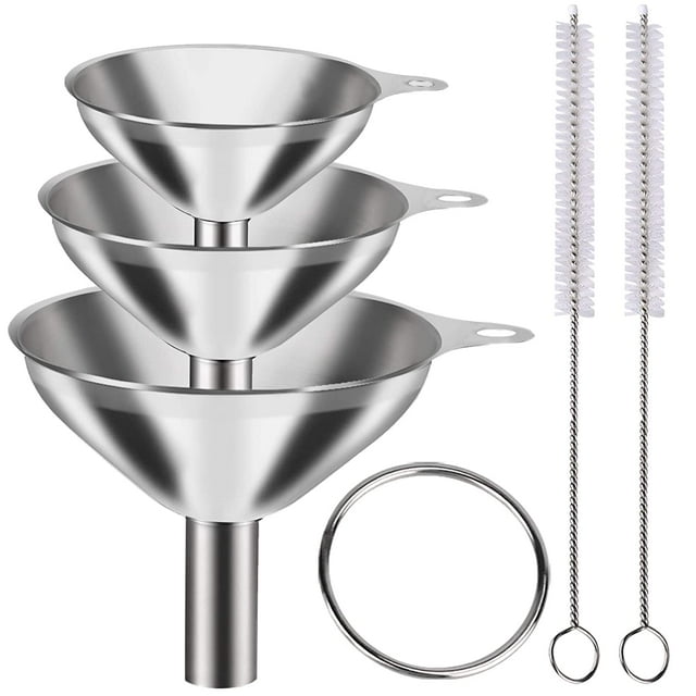 Set de 3 Embudos de Acero Inoxidable (Grande, Mediano, Pequeño) con Cepillos de Limpieza y Anillo Organizador